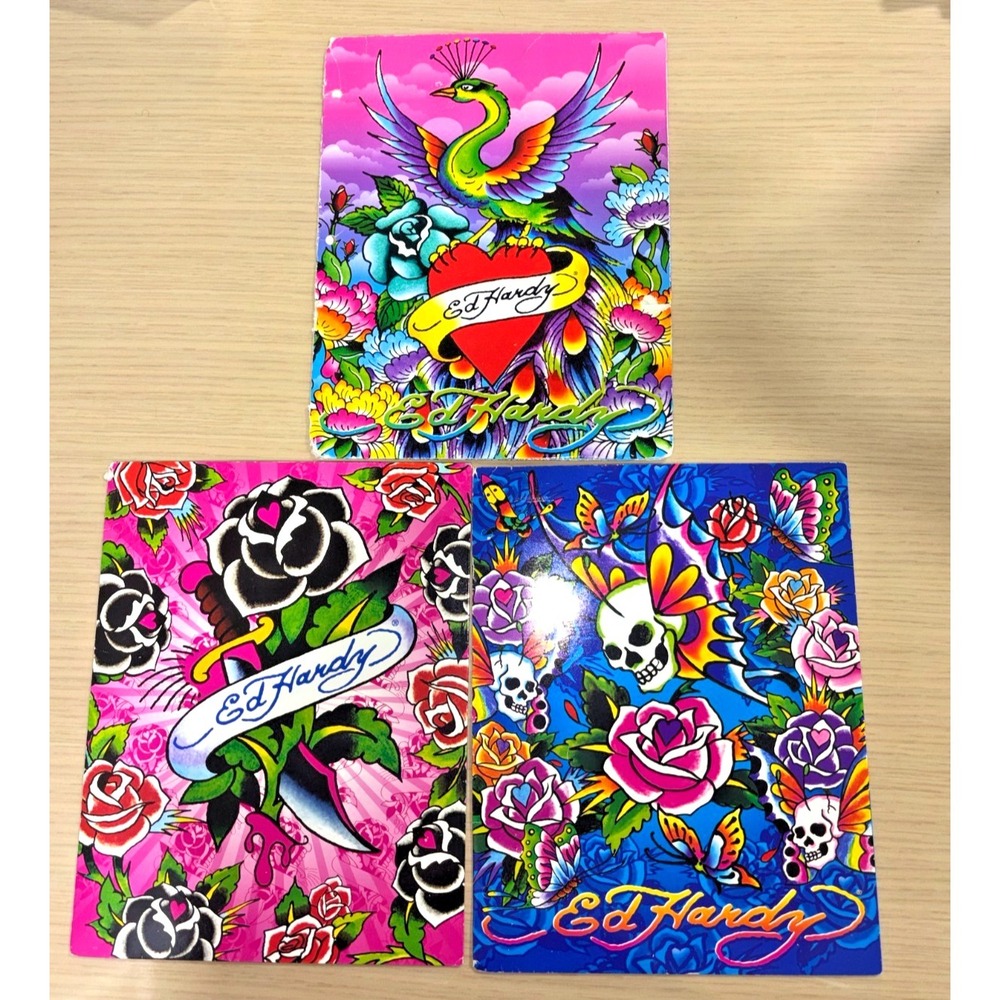 VTG Rare  Ed Hardy Lisa Frank Portfolio Folder Lot of 3 Peacock Skull Roses Art